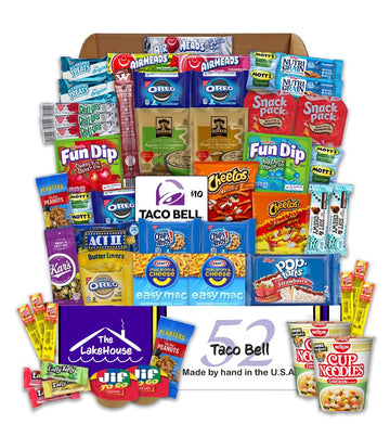 Lakehouse Student 52 College Care Package With Taco Bell Gift Card - College Essentials Snack Box - College Snack Boxes Care Pac