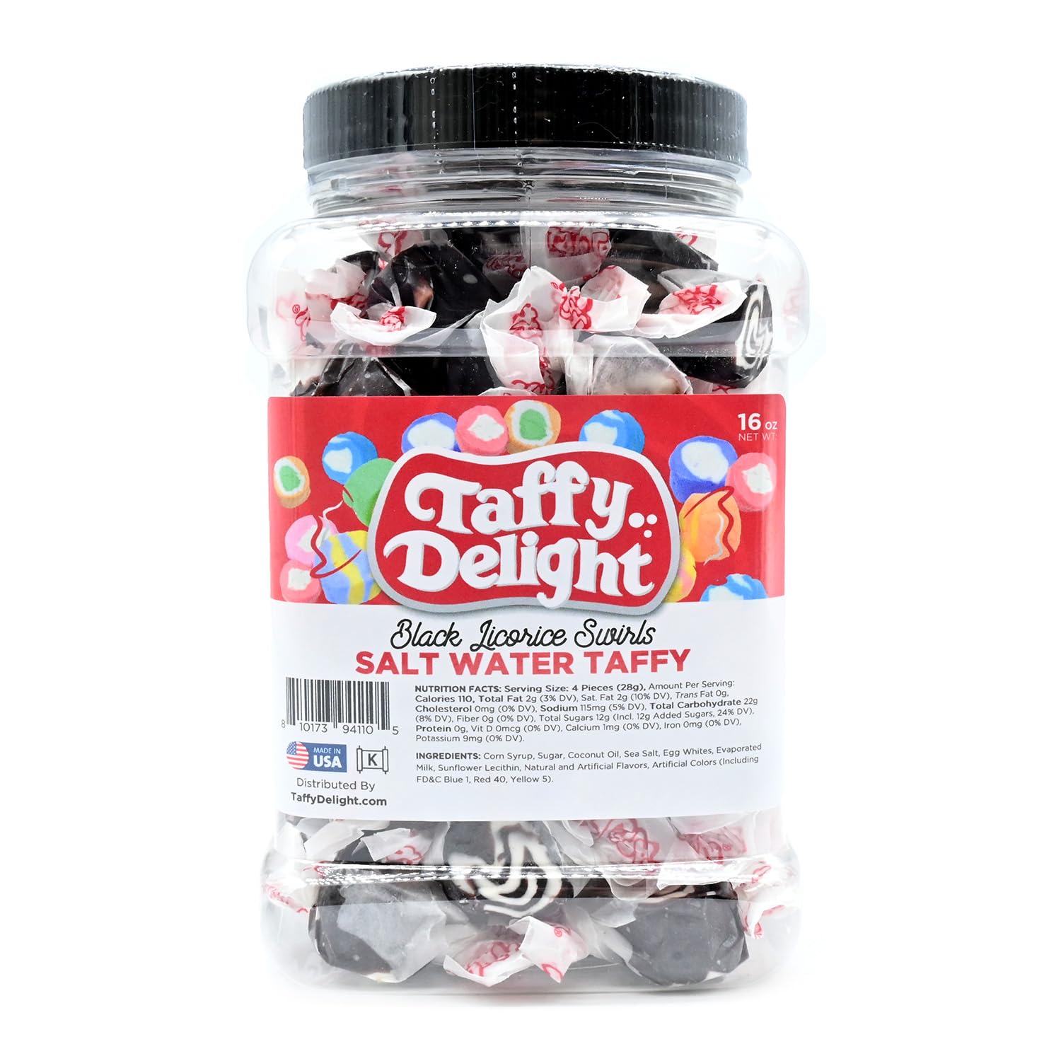 Taffy Delight Salt Water Taffy (16oz, Black Licorice Swirls)