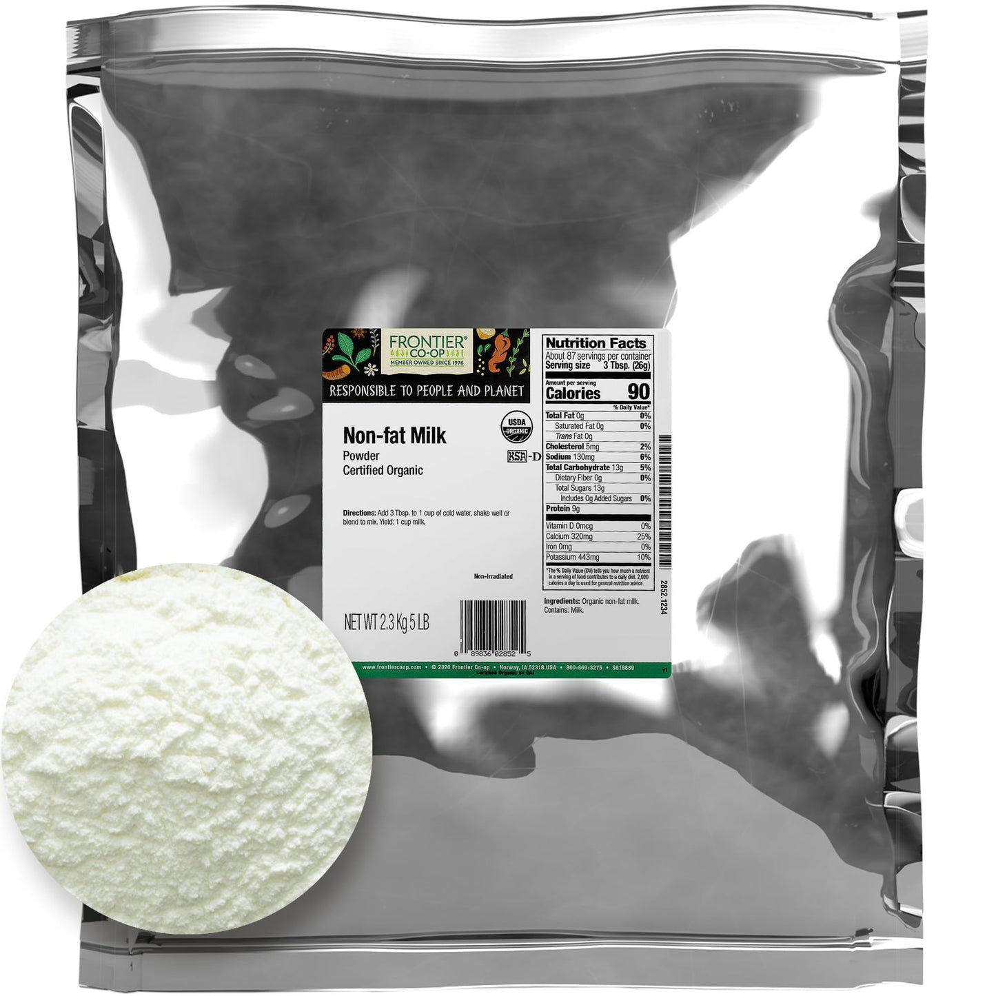 Frontier Co-Op Organic Non-Fat Milk Powder 5Lb Bulk Bag - Non Fat Powdered Milk For Baking, Cooking, Rehydrating Or Shelf Stable Powder