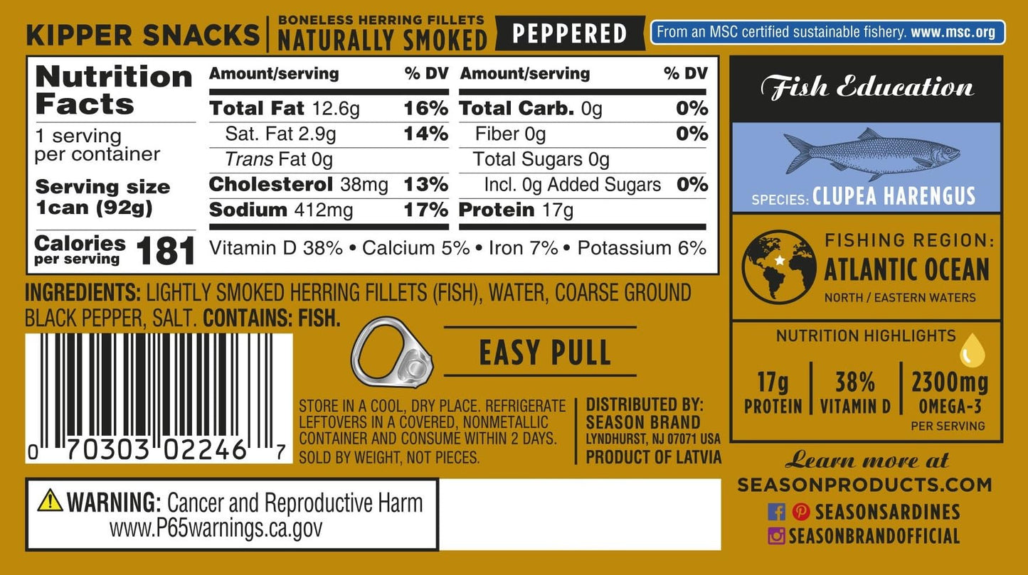 Season Peppered Kipper Snacks - Boneless Herring Fillets, Naturally Smoked, Wild Caught, Keto Snacks, Non-Gmo, Certified Sustainable Seafood, 18G Of Protein, 1800Mg Of Omega-3-3.25 Oz, 6-Pack