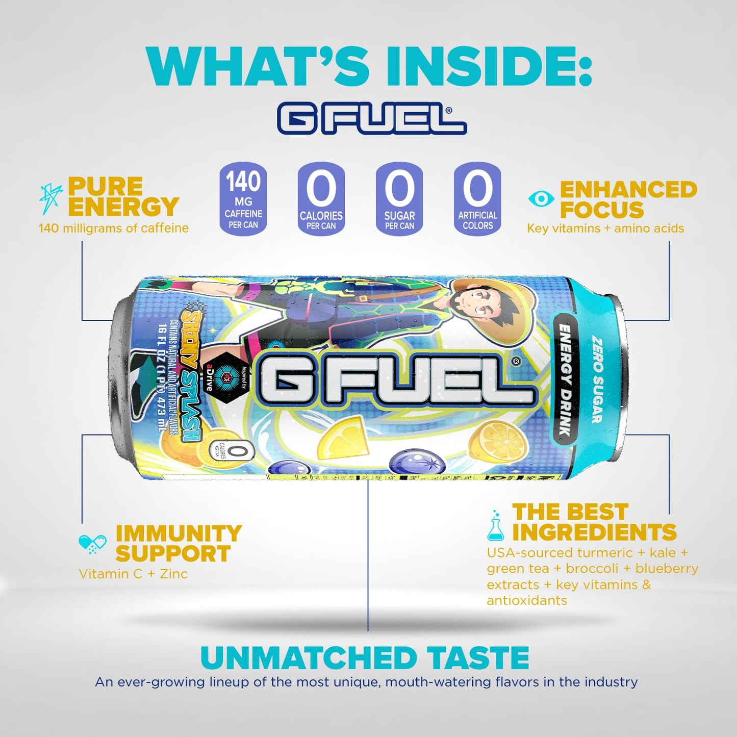 G Fuel Energy Drink, Blueberry Lemonade, Sugar Free, 140mg Caffeine, 16 oz Cans, 12-Pack