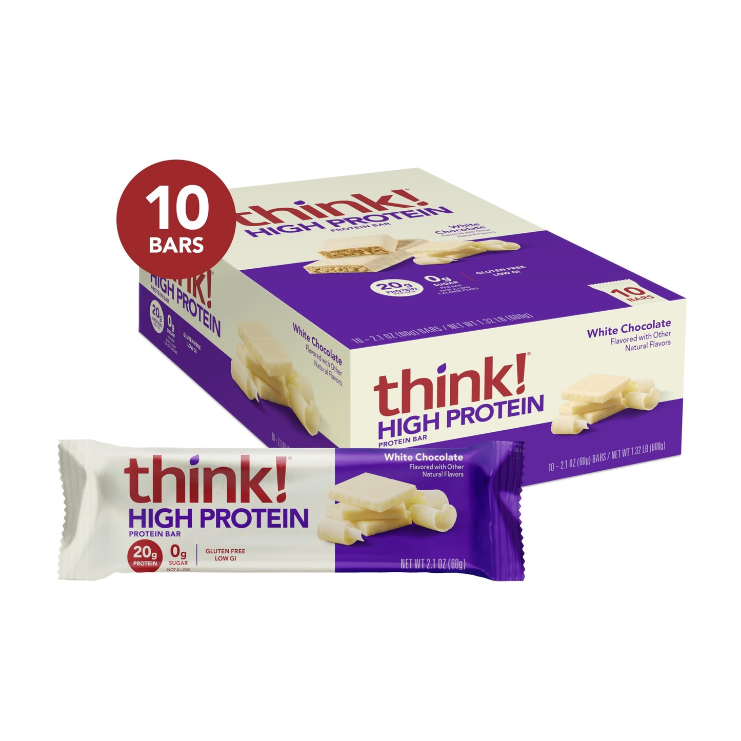 think! Protein Bars, High Protein Snacks, Gluten Free, Kosher Friendly, White Chocolate, Nutrition Bars, 2.1 Oz per Bar, 10 Coun