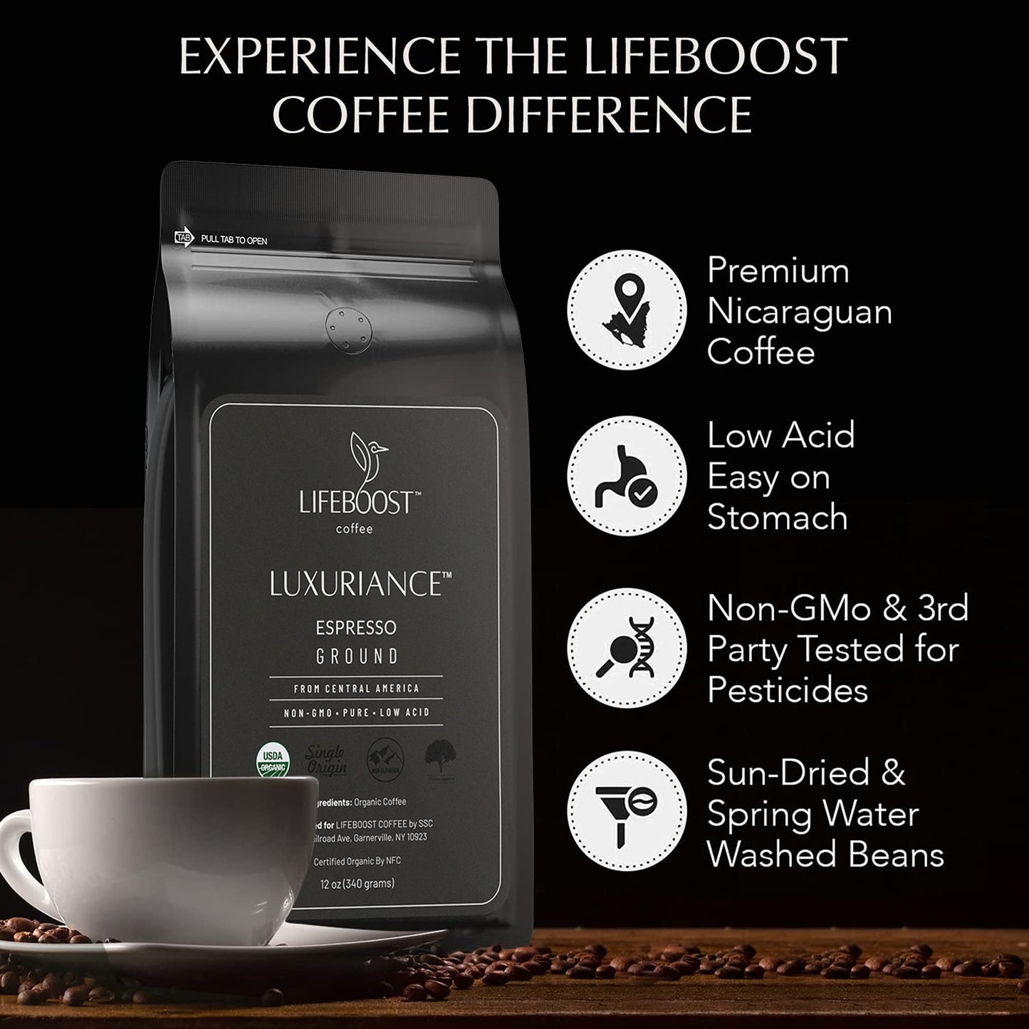 Lifeboost Espresso Ground Coffee - Non-GMO Low Acid Single Origin USDA Organic Espresso Coffee - Third Party Tested For Mycotoxins & Pesticides (Espresso Ground  12oz  Pack of 3)