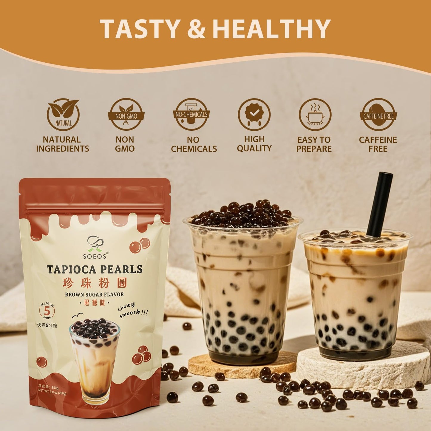 Soeos Boba Pearls, Black Tapioca Pearls 8.8 Oz(Pack Of 36), Black Sugar Flavor Boba Pearls For Bubble Tea, Smoothies & Desserts