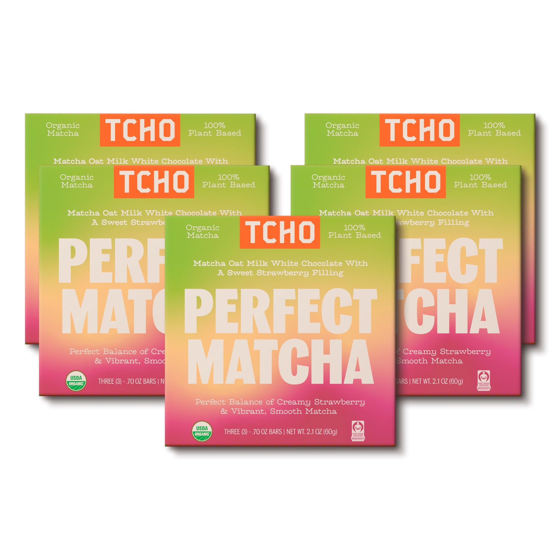 TCHO Perfect Matcha Chocolate Bar 5 Pack - Organic Oat Milk Chocolate with Matcha Shell and Strawberry Filling - Plant-Based Non