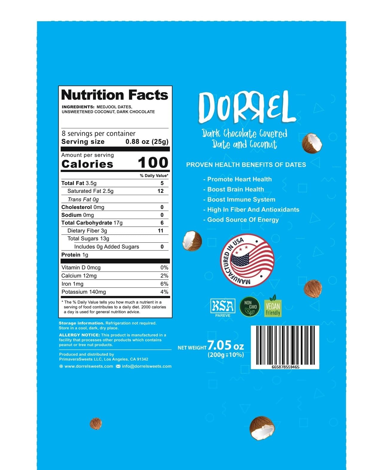Dorrel - Belgian Dark Chocolate Covered Dates (Medjool) With Coconut Stuffing, High Energy Vegan Choco Snack, Delicious, Kosher