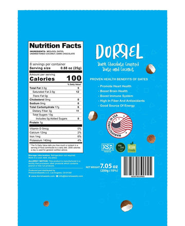 Dorrel - Belgian Dark Chocolate Covered Dates (Medjool) With Coconut Stuffing, High Energy Vegan Choco Snack, Delicious, Kosher