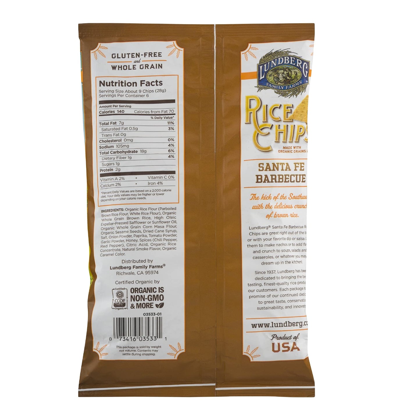 Lundberg Rice Chips Santa Fe Barbecue, 6 Oz, Model KTS-2753, Pack of 1