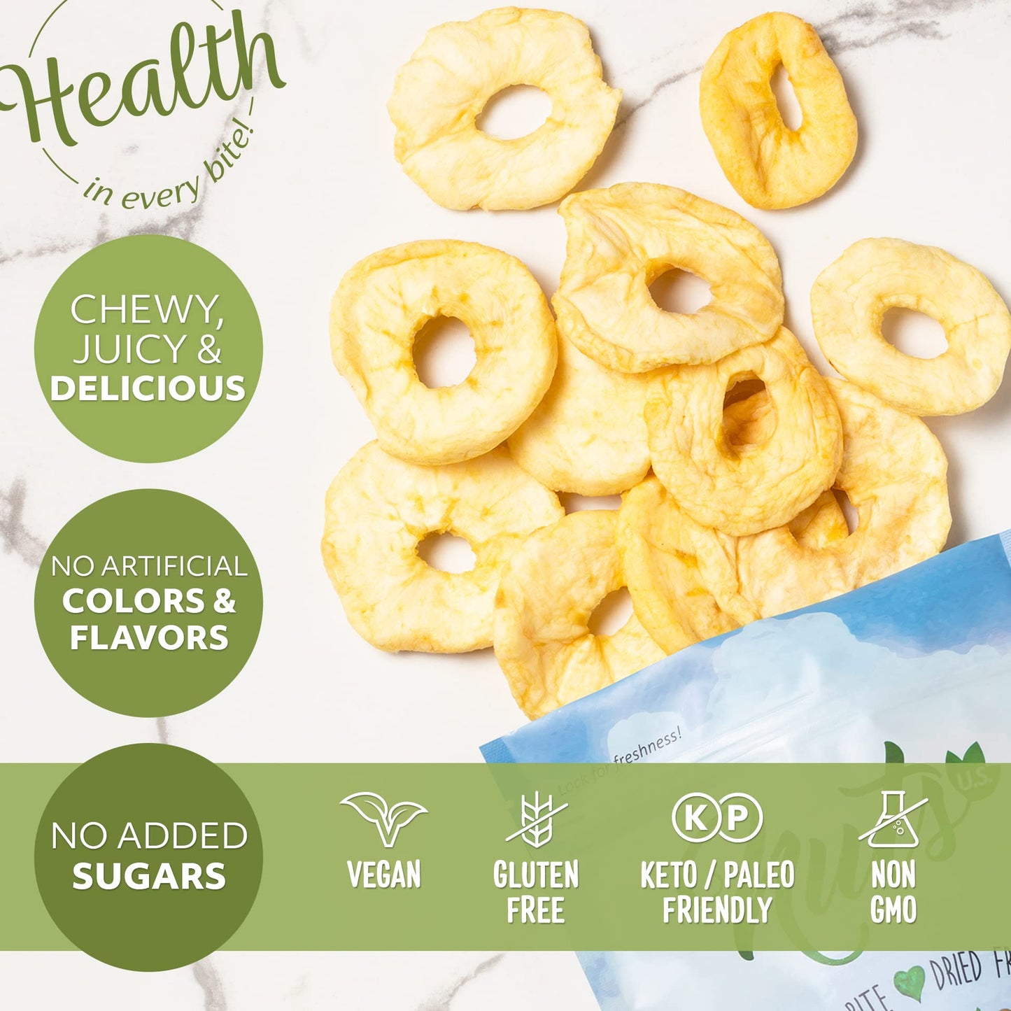Nuts U.S. - Dried Apple Rings | No Added Sugar | No Artificial Color | Chewy Texture | Non-Gmo | Juicy And Natural | Packed In A Resealable Bag!!! (2 Lbs)
