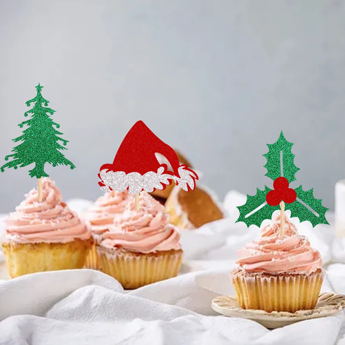 24 Pcs Christmas Holly Leaves And Berries Cupcake Toppers Glitter Santa Hat Christmas Tree Cupcake Picks Winter Merry Christmas Theme Birthday Party Cake Decorations Supplies