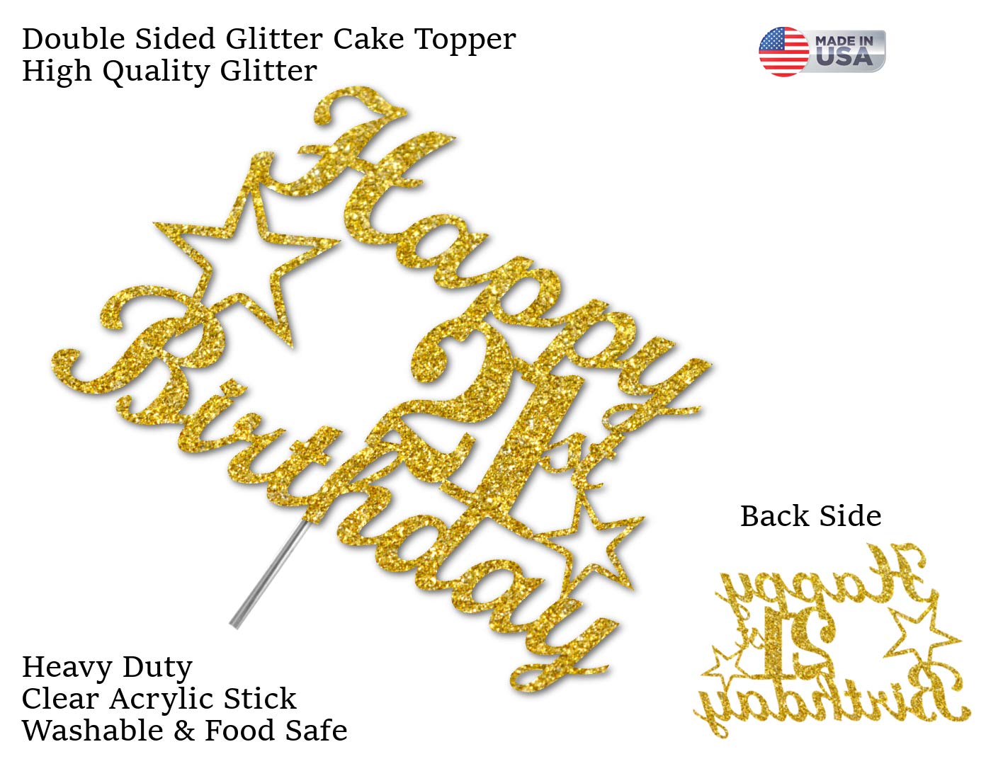 21 Birthday Cake Topper Gold Glitter, Party Decoration Ideas, Premium Quality, Sturdy Doubled Sided Glitter, Acrylic Stick. Made
