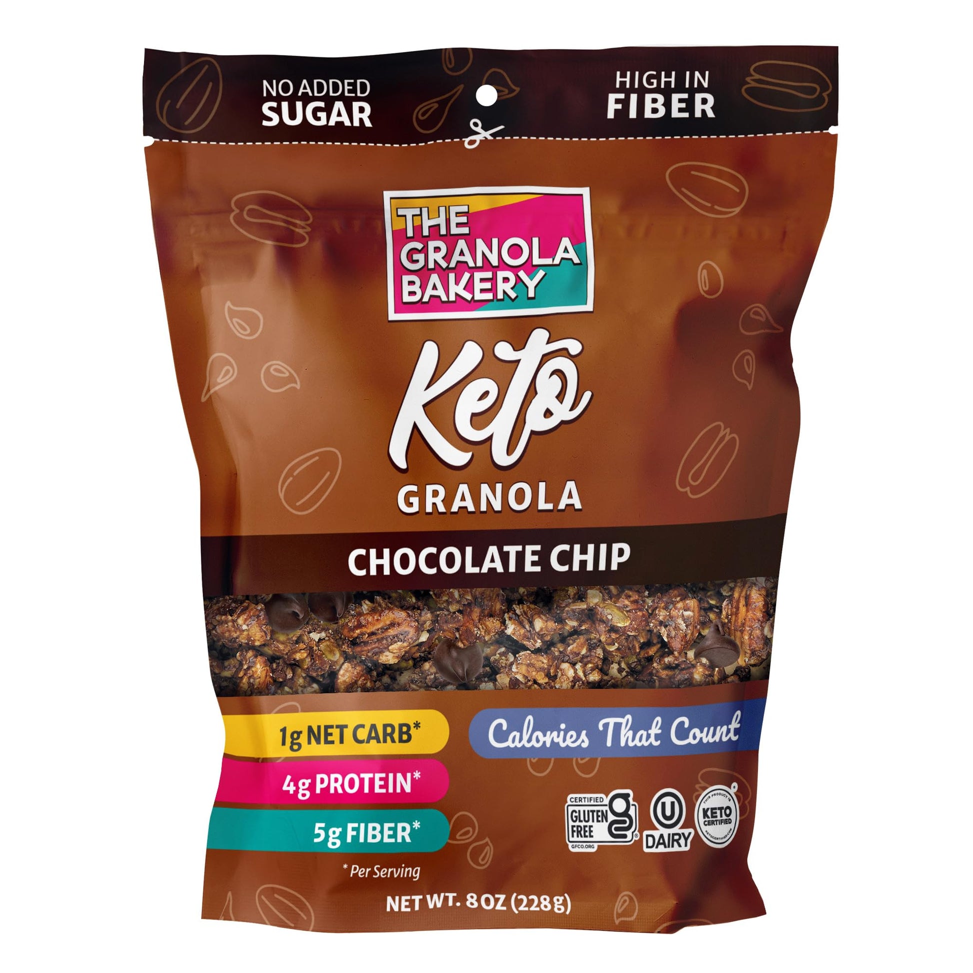 TGB Chocolate Chip Granola Cereal, Keto Friendly Snack, No Added Sugar, Gluten Free, High Fiber, 8oz Resealable Bag (Pack of 1)