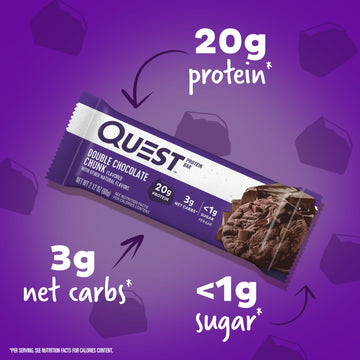 Quest Nutrition Double Chocolate Chunk Protein Bars, 20g Protein Bars, 1g Sugar, 4g Net Carb, Gluten Free, Keto Friendly, 4 Coun