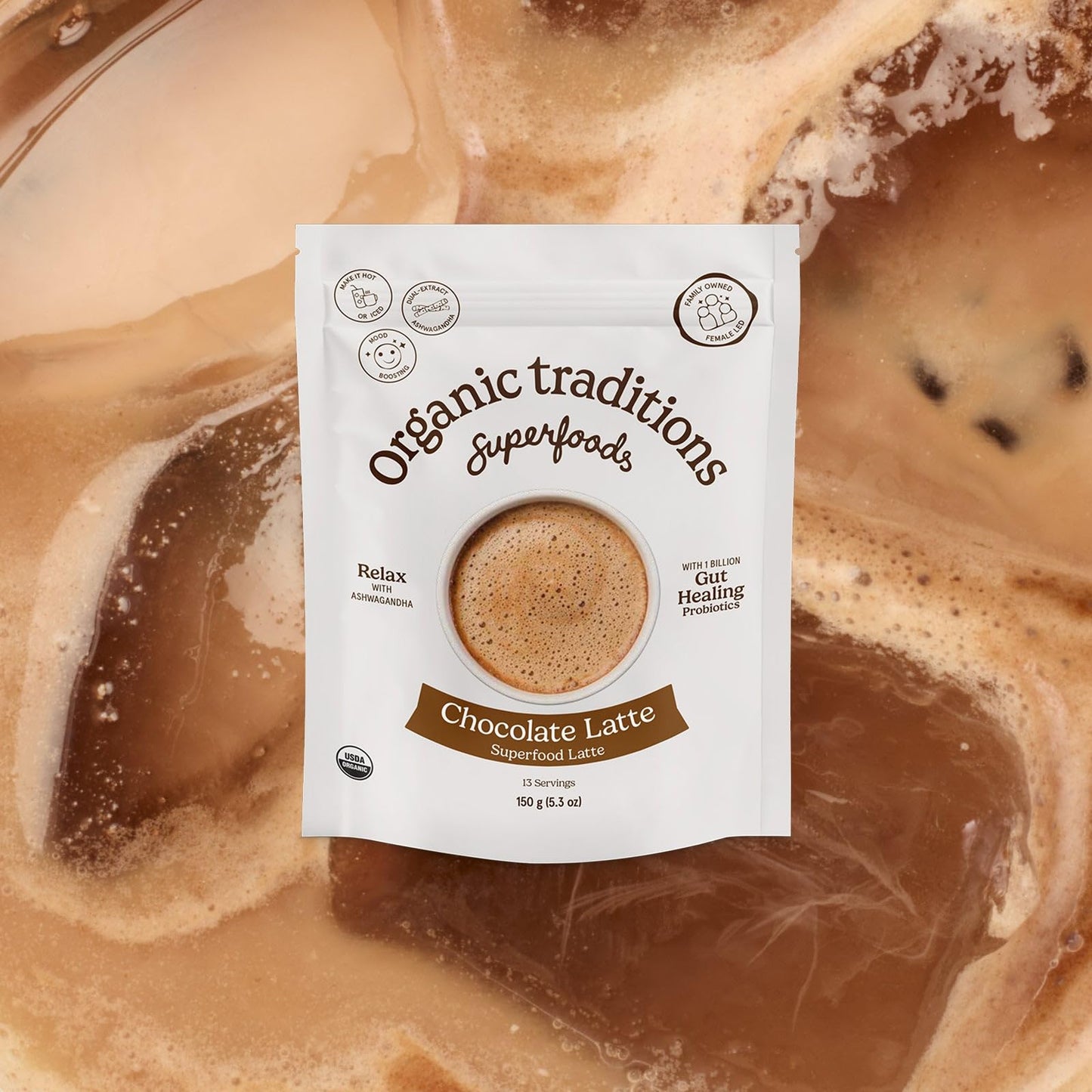 Organic Traditions Superfood Chocolate Latte – Creamy Coconut Milk Base - Dual Extract Ashwagandha – Easy To Mix - Sweetened With Coconut Palm Sugar – 1 Billion Probiotics Per Serving - 150G/ 5.3Oz Bag