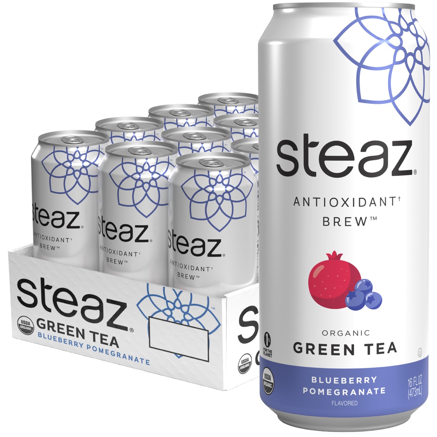 Steaz Organic Green Tea Blueberry Pomegranate - 12 Pack, 16 fl oz Cans, Antioxidant Brew, Vegan, Cane Sugar Sweetened