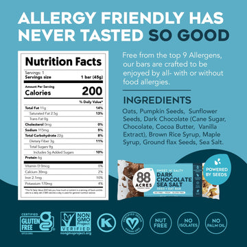 88 Acres Granola Bars | Dark Chocolate Sea Salt | Gluten Free, Nut-Free Oat And Seed Snack Bar | Vegan & Non Gmo | 12 Pack