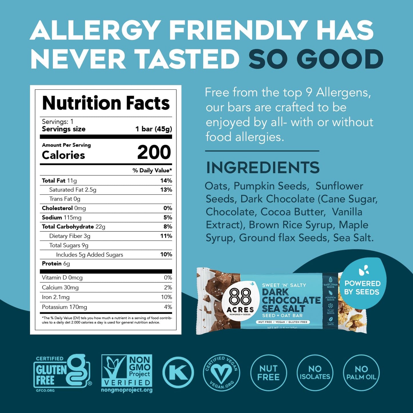 88 Acres Granola Bars | Gluten Free, Nut-Free Oat And Seed Snack Bar | Vegan & Non Gmo | 6 Pack (Dark Chocolate Sea Salt))