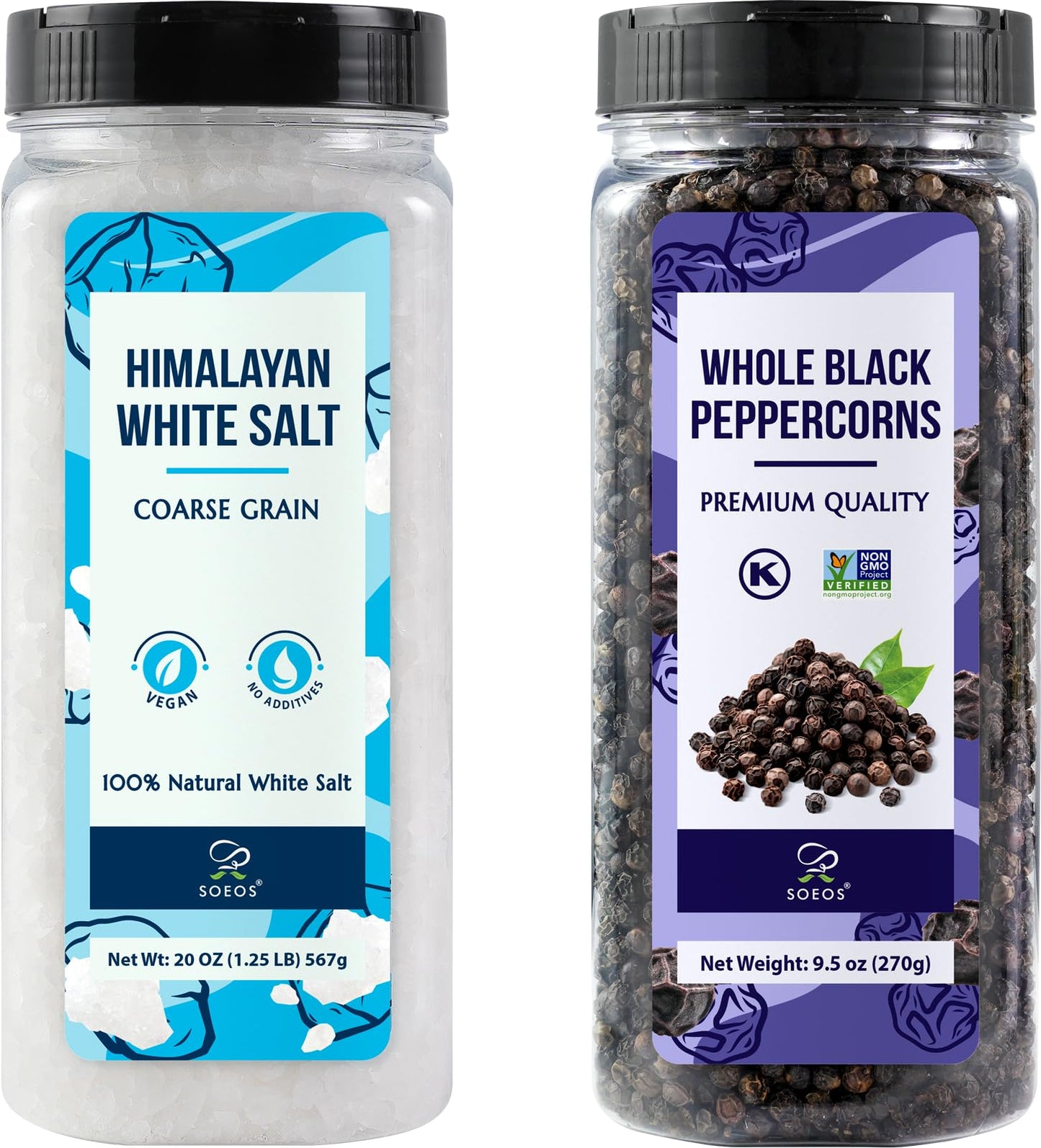 Soeos Himalayan White Salt 20 Oz + Whole Black Peppercorns 9.5 Oz  Coarse Grain  White Sea Salt  Black Peppercorns  Salt and Pepper Grinder Refill  Spice Seasoning Set for Cooking  837g (2 Set)