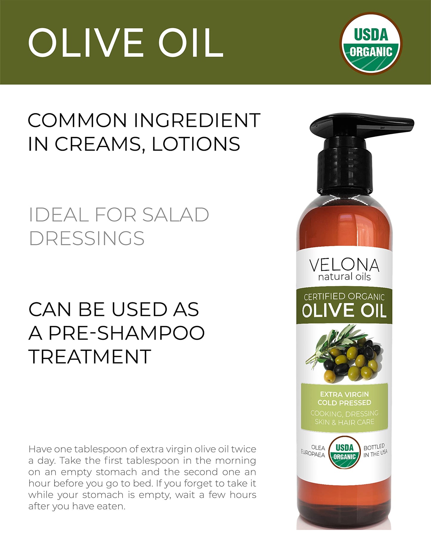Velona Usda Certified Organic Olive Oil - 8 Oz | 100% Pure And Natural Carrier Oil | Extra Virgin, Unrefined, Cold Pressed | Coo