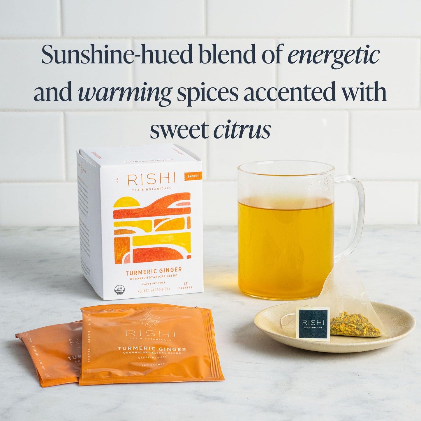 Rishi Tea Turmeric Ginger Herbal Tea Sachets, Caffeine Free, 15 Count (Pack of 6), Ayurvedic Digestive Blend