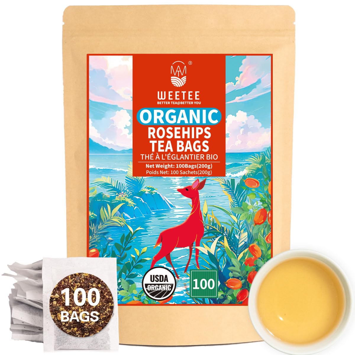 Wt Weetee Organic Rosehips Tea Bags  Made With 100% Natural & Pure Crushed Rose Hips  Natural Energy Blend-Free Herbal Tea 2G X 100 Counts