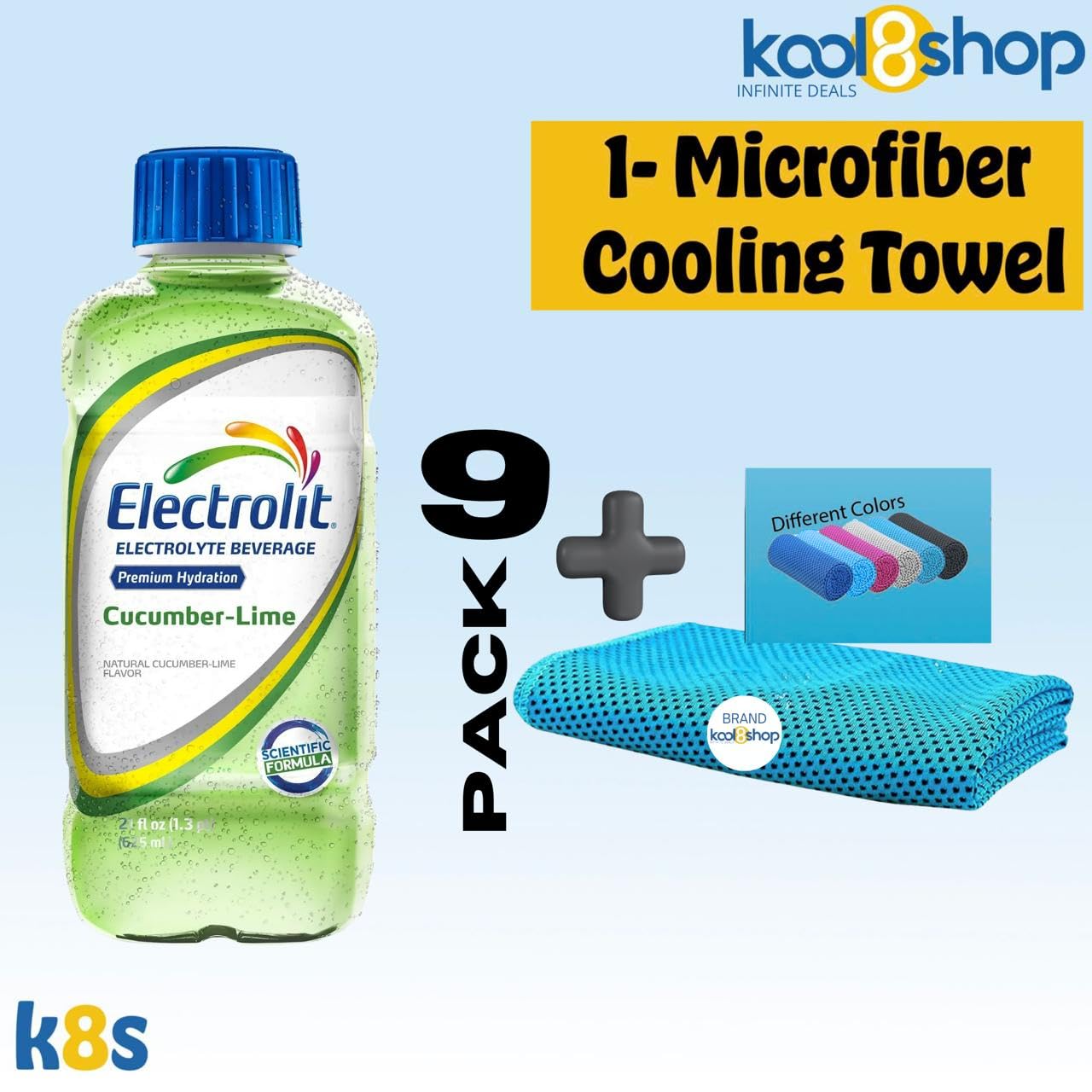 Electrolit Cucumber Lime Hydration Drink With Electrolytes 21 Fl Oz Plastic Bottles 9 Pack + 1 Microfiber Cooling Towel By Kool8