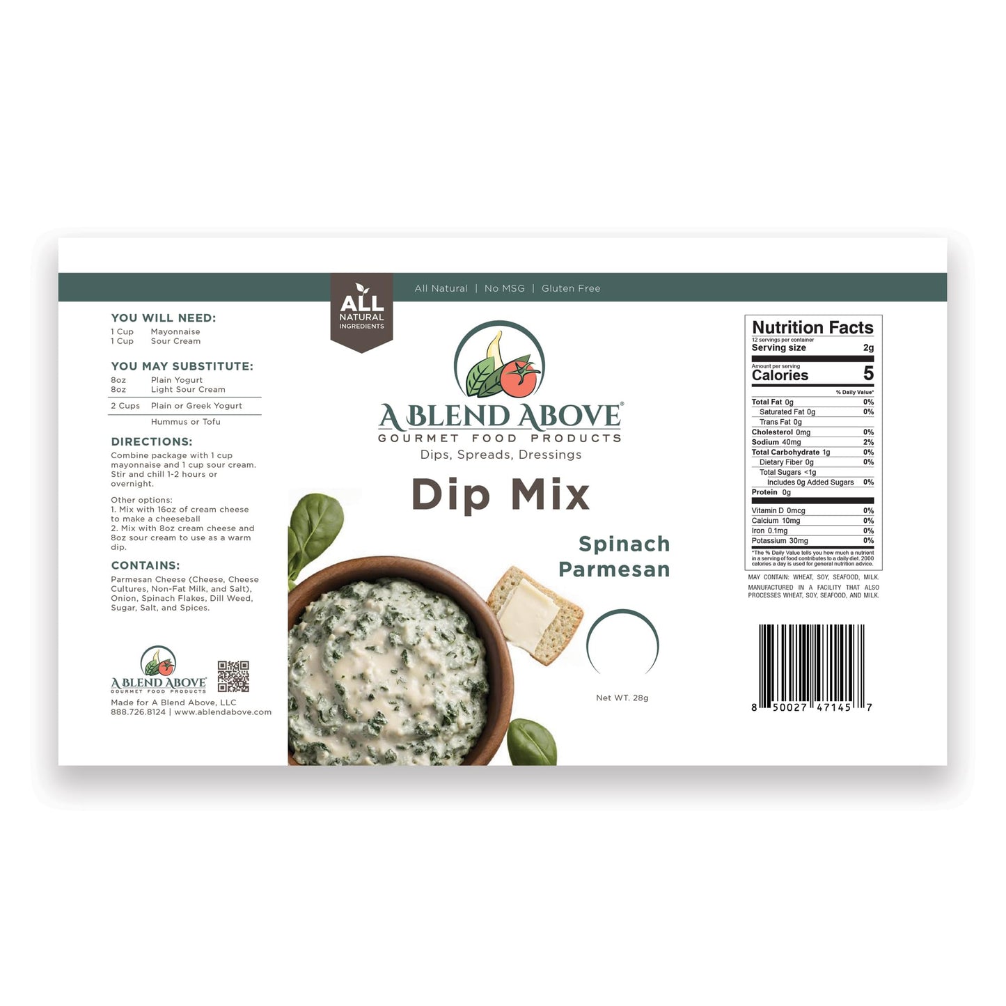 A Blend Above Spinach Parmesan Dip Mix, 1oz, (3 Pack), Gluten-Free, No MSG, All Natural, No Preservatives, Vegetable Dip, Keto F