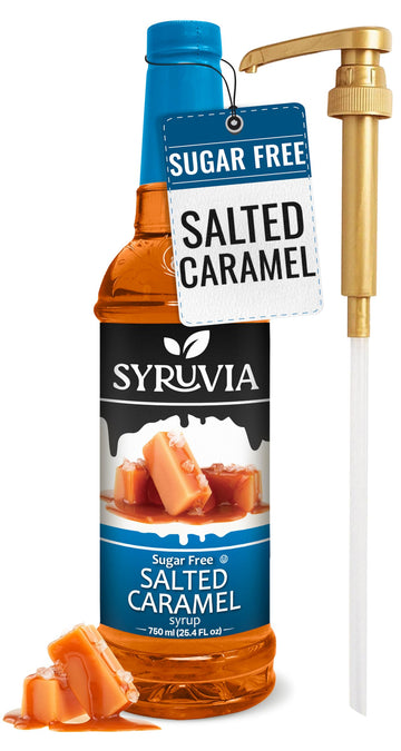 Syruvia Sugar Free Salted Caramel Syrup With Syrup Pump Dispenser - Salted Caramel Coffee Syrup Flavor, 25.4 fl oz, Kosher, Glut