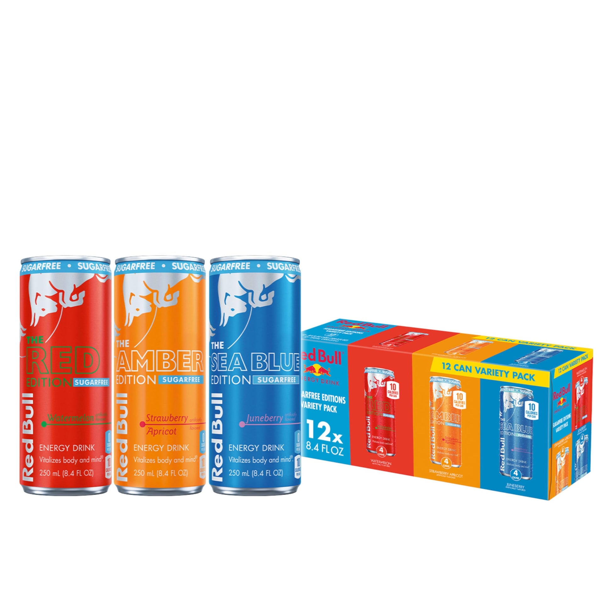 Red Bull Energy Drink Sugar Free Variety Pack  Red  Amber  and Sea Blue  with 80mg Caffeine  Taurine & B Vitamins  8.4 fl. oz  Pack of 12 Cans