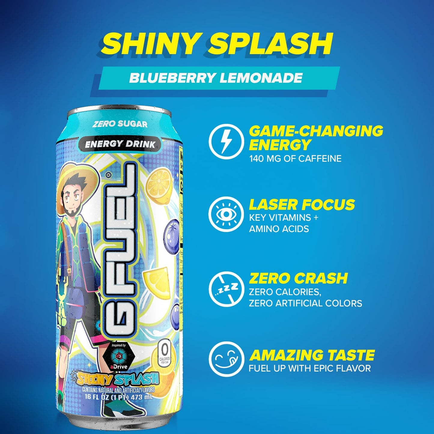 G Fuel Energy Drink, Blueberry Lemonade, Sugar Free, 140mg Caffeine, 16 oz Cans, 12-Pack