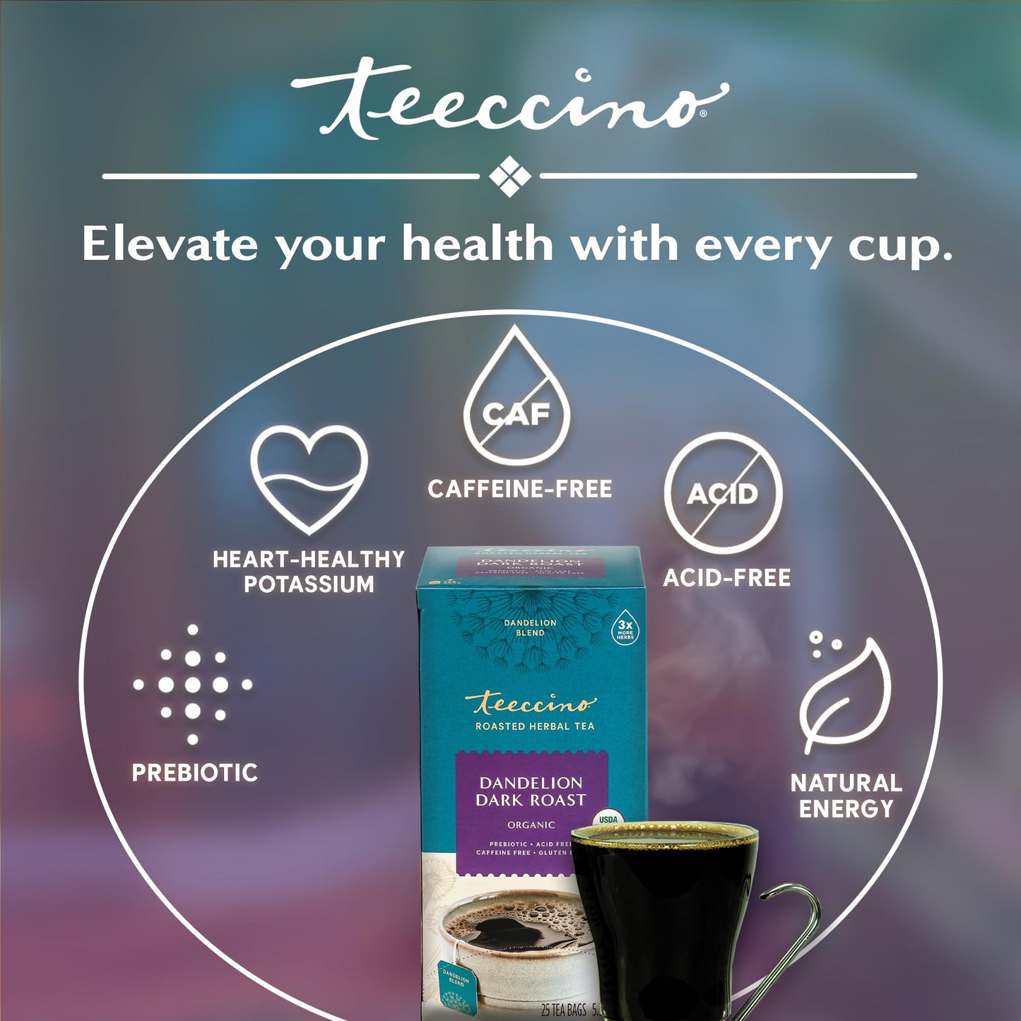 Teeccino Dark Roast Dandelion Tea - Caffeine-Free Herbal Tea, 25 Tea Bags, Prebiotic with refreshing Dandelion Root