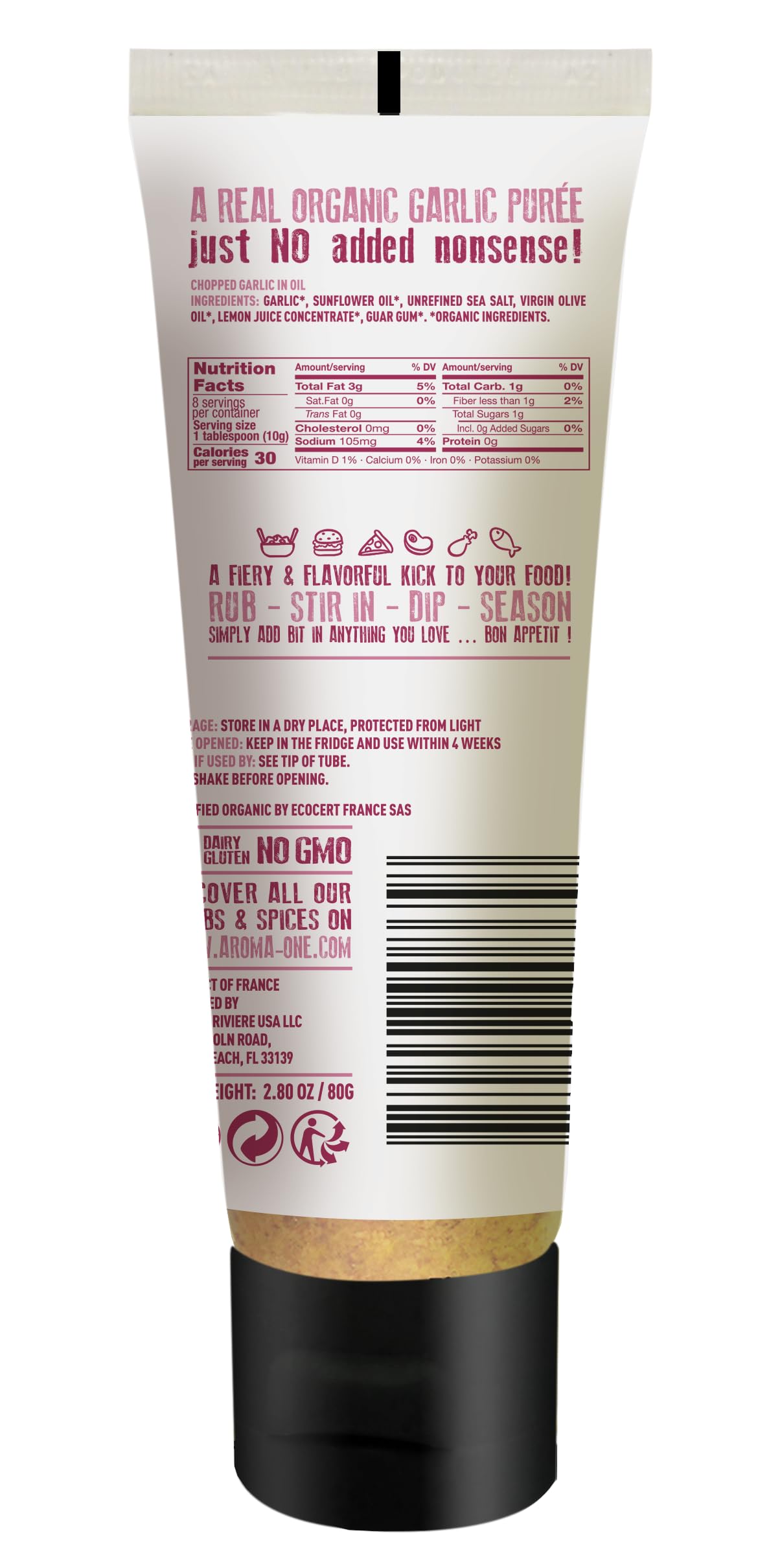 Aroma One Garlic Puree Paste - Organic Herb Concentrate For Cooking, Seasoning & Sauces - Fresh Flavor Enhancer, Non-Gmo, Gluten