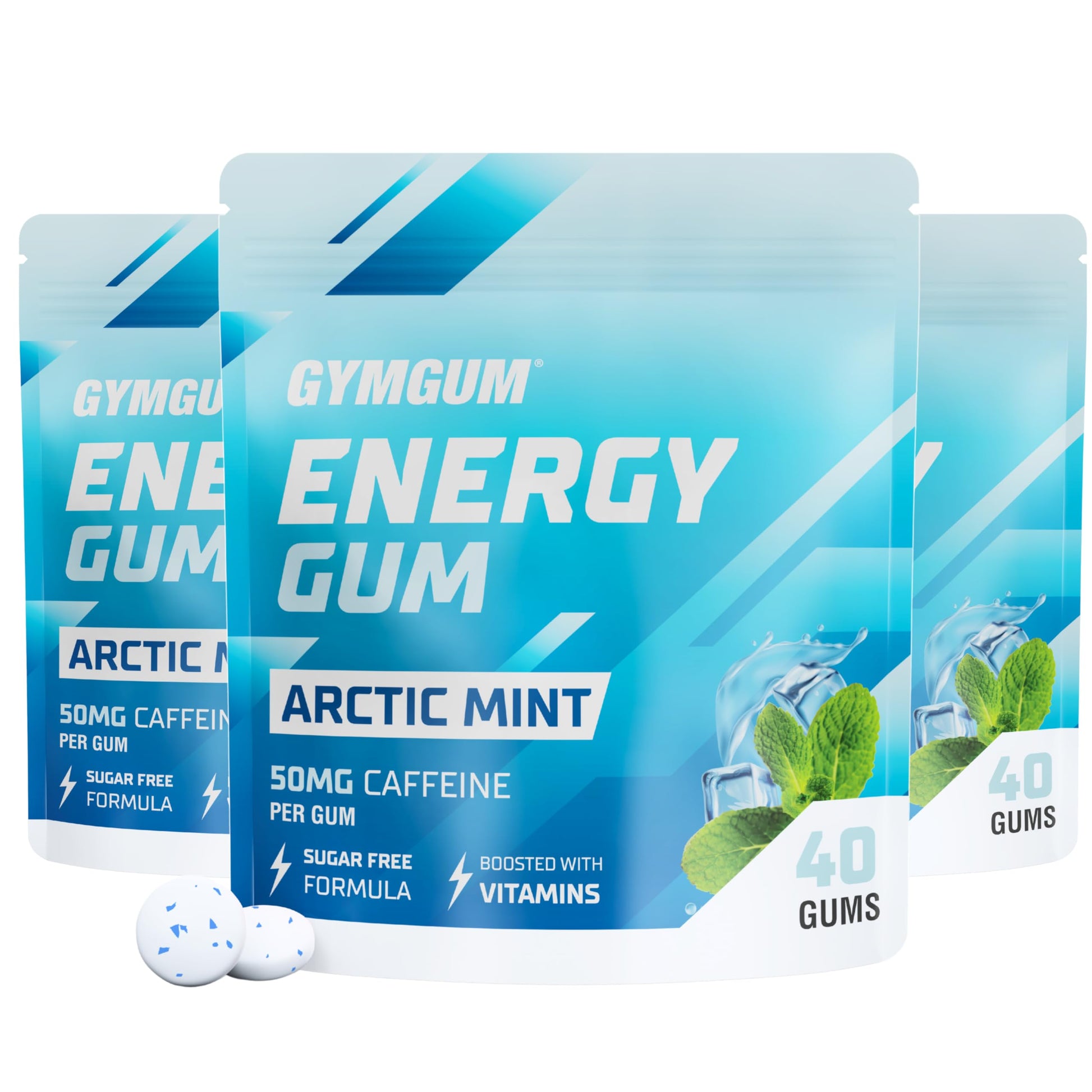 GYMGUM Energy Caffeine Gum | Sugar-Free, Keto-Friendly | 50mg Caffeine | 120 Count | Arctic Mint
