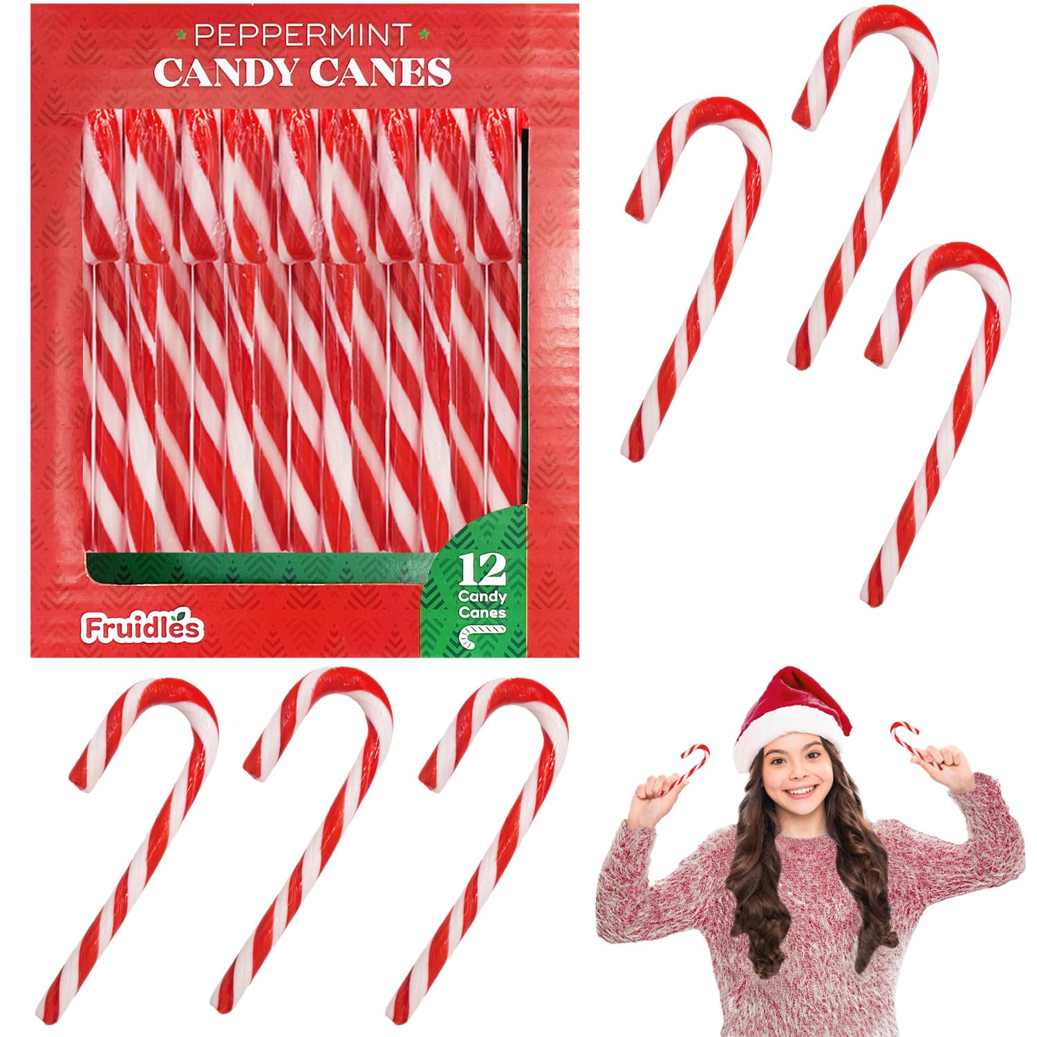 Fruidles Christmas Candy Canes Suckers, Peppermint Flavor, Individually Wrapped, 12 Count, Multi Color