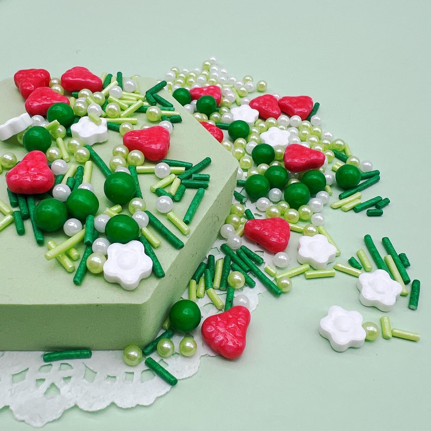 Kercky Green Sprinkles Mix for Cake Decorating - Strawberry Pearl Jimmies for Ice Cream, Cupcakes, Baking, Cookies