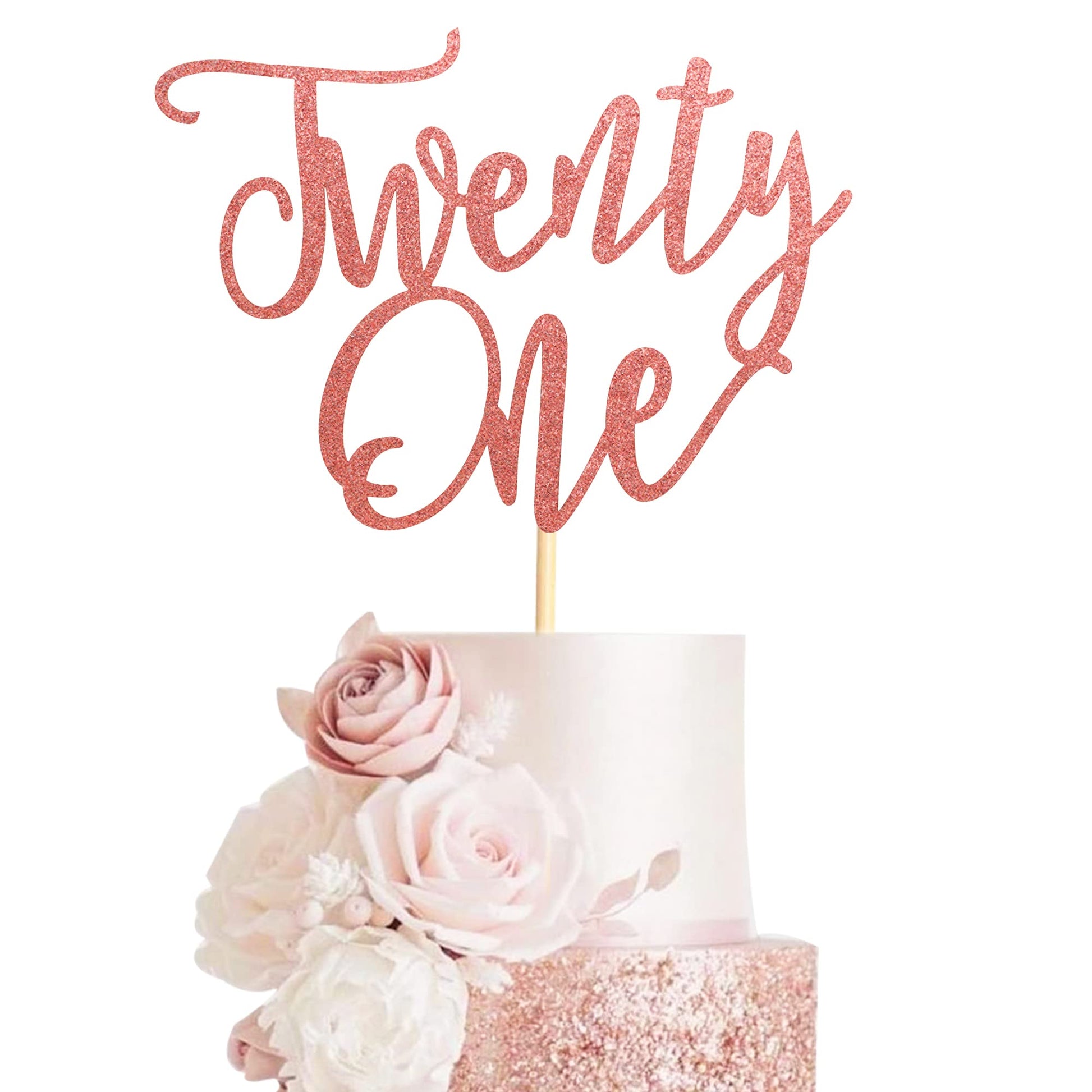 Arthsdite 1Pc Twenty One Cake Topper - 21St Happy Birthday Cake Decorations, 21 Birthday Party Decor, Wedding Anniversary Party Decorations - Rose Gold Glitter