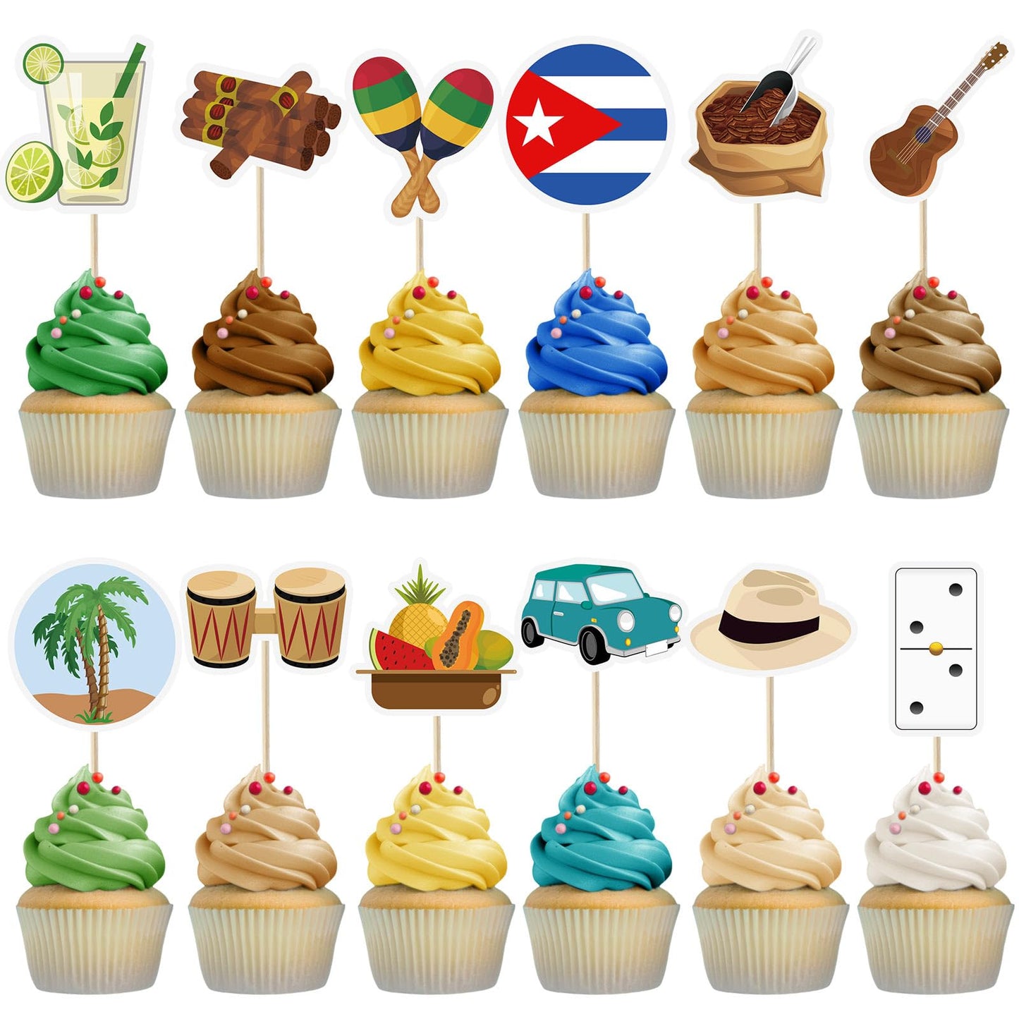 Affrolling 24 Pcs Havana Nights Party Cupcake Toppers Picks Summer Mixed Flavor Cupcake Toppers Stick Havana Nights Party Decorations For Food Fruit Cake Toothpick Decor  12 Style