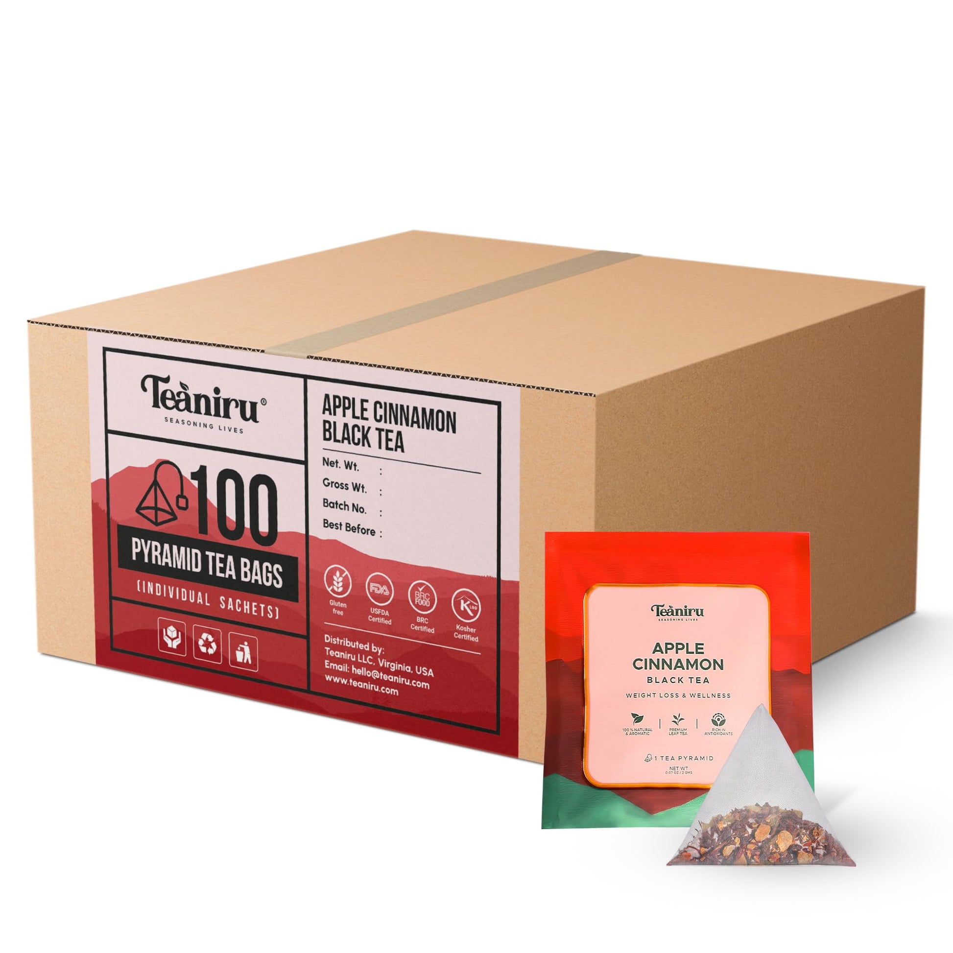 Teaniru Apple Cinnamon Black Tea - 100 Pyramid Tea Bags, Low Caffeine, 100% Natural Ingredients, Brew Hot or Cold