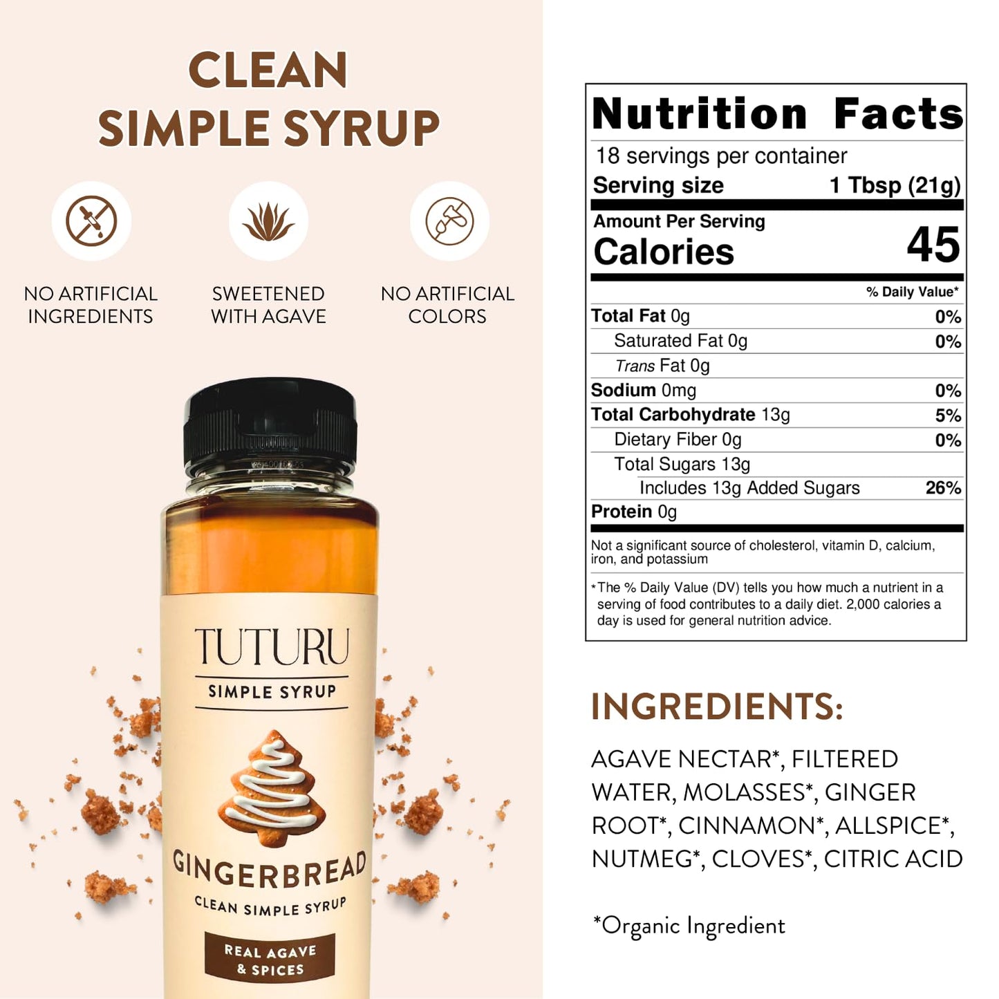 Gingerbread Simple Syrup for Coffee  Cocktails  Matcha - Sweetened with Agave Nectar - Infused with Real Gingerbread Spices - 13.5 oz