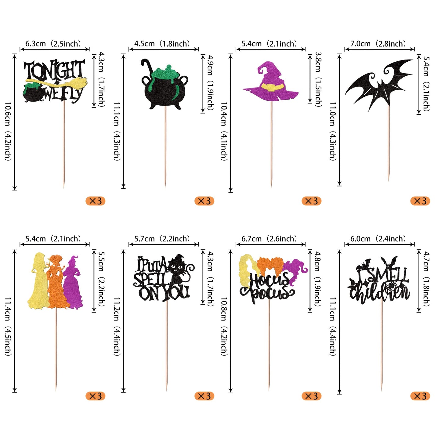 Rssta i Cupcake Toppers, Hocus Pocus Theme, Glitter Bat & Witch Hat, Paper, 1.8*4.2 - 2.6*4.2 inches,