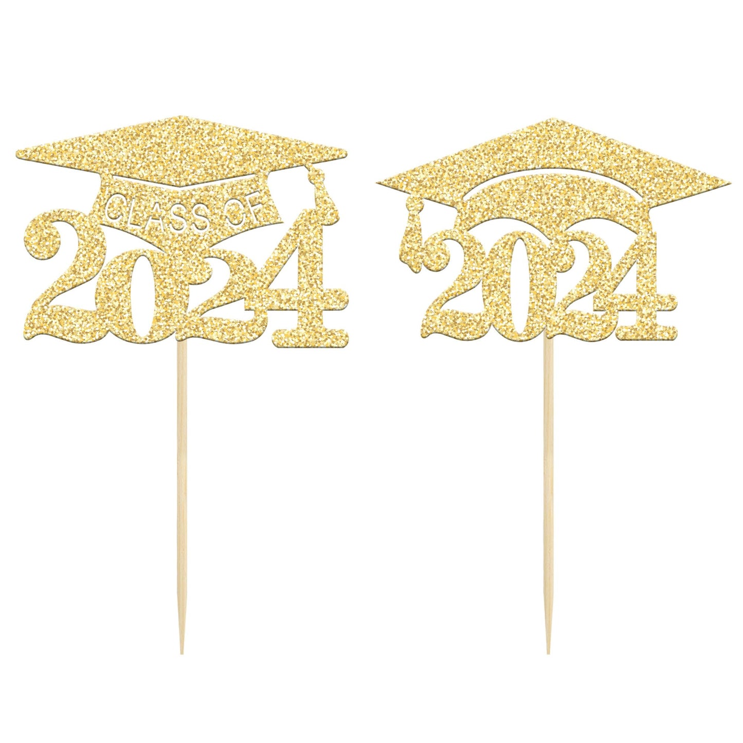 Gyufise 24Pcs Gold Glitter 2024 Graduation Cupcake Toppers Class Of 2024 Grad Cap Cake Picks Decorations For So Proud Of You 202