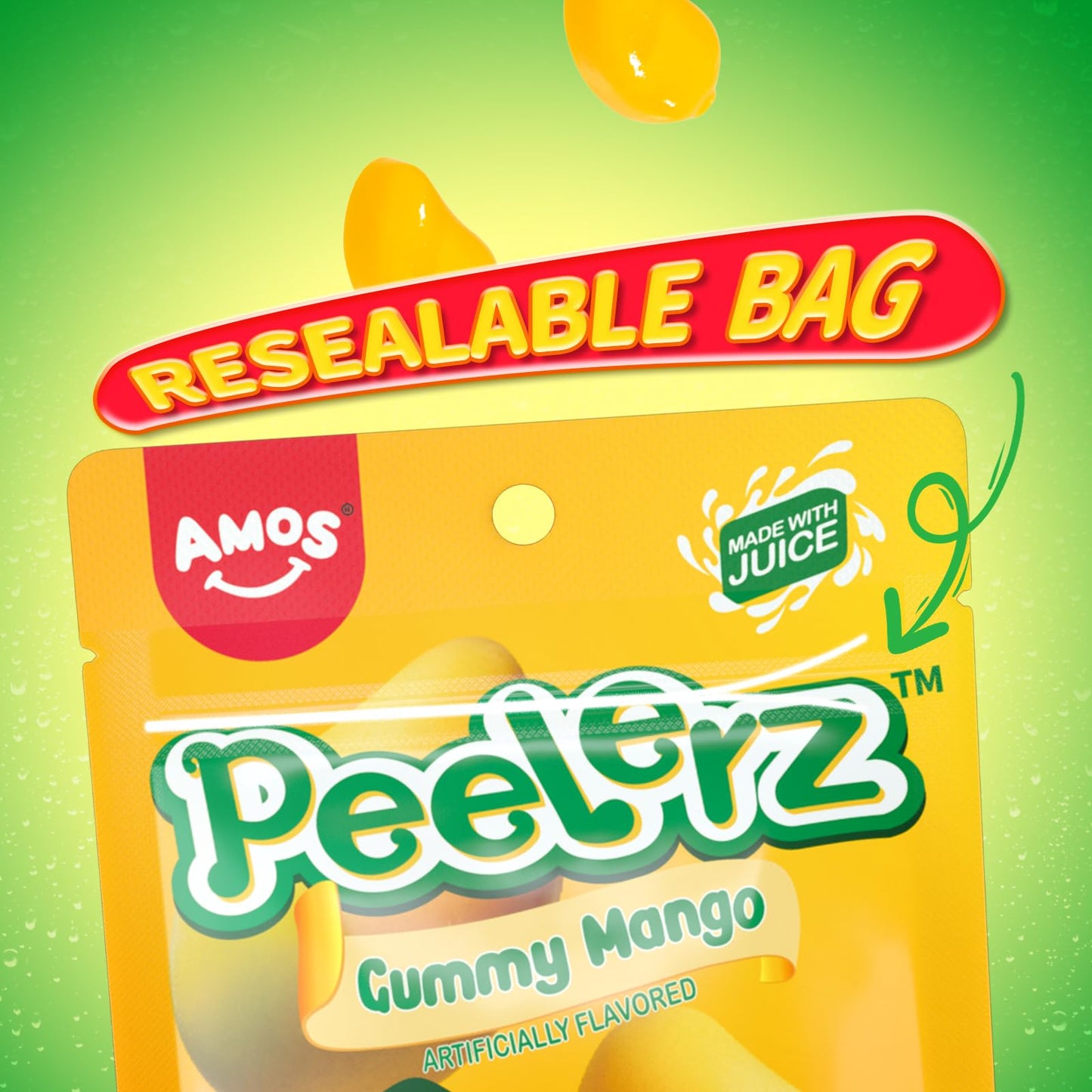 Amos Peelerz Mango Gummy, Peeling Mango Candy,Resealable 2.19Oz Bag (Pack Of 3)