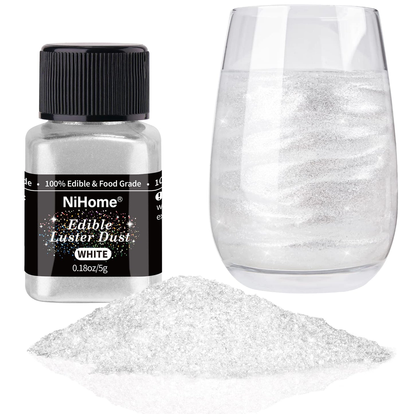 NiHome Edible Glitter Powder, Metallic Luster Dust, 5g/0.18oz, White, Food Decorating Sprinkle for Cakes, Desserts, and Beverages