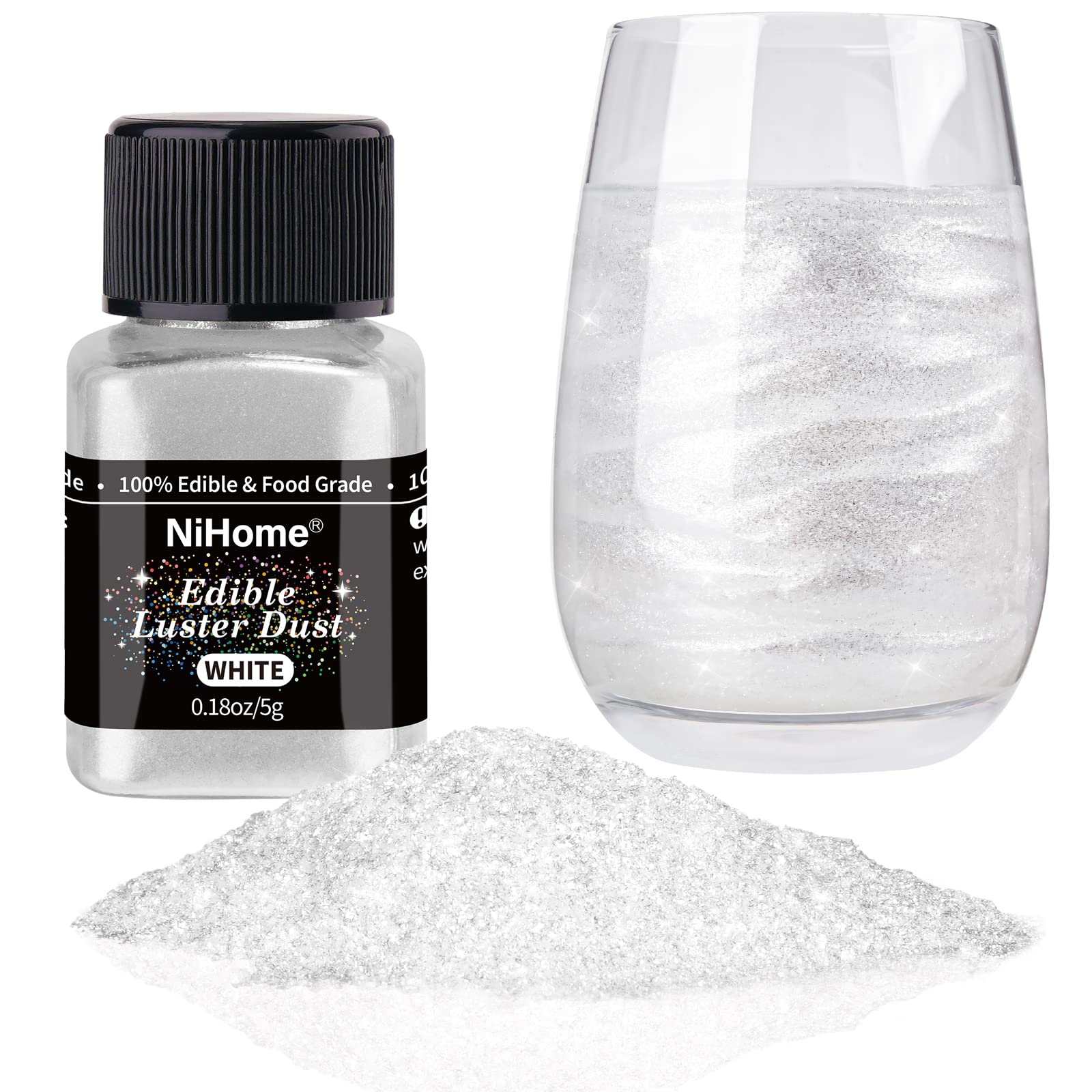 NiHome Edible Glitter Powder, Metallic Luster Dust, 5g/0.18oz, White, Food Decorating Sprinkle for Cakes, Desserts, and Beverages
