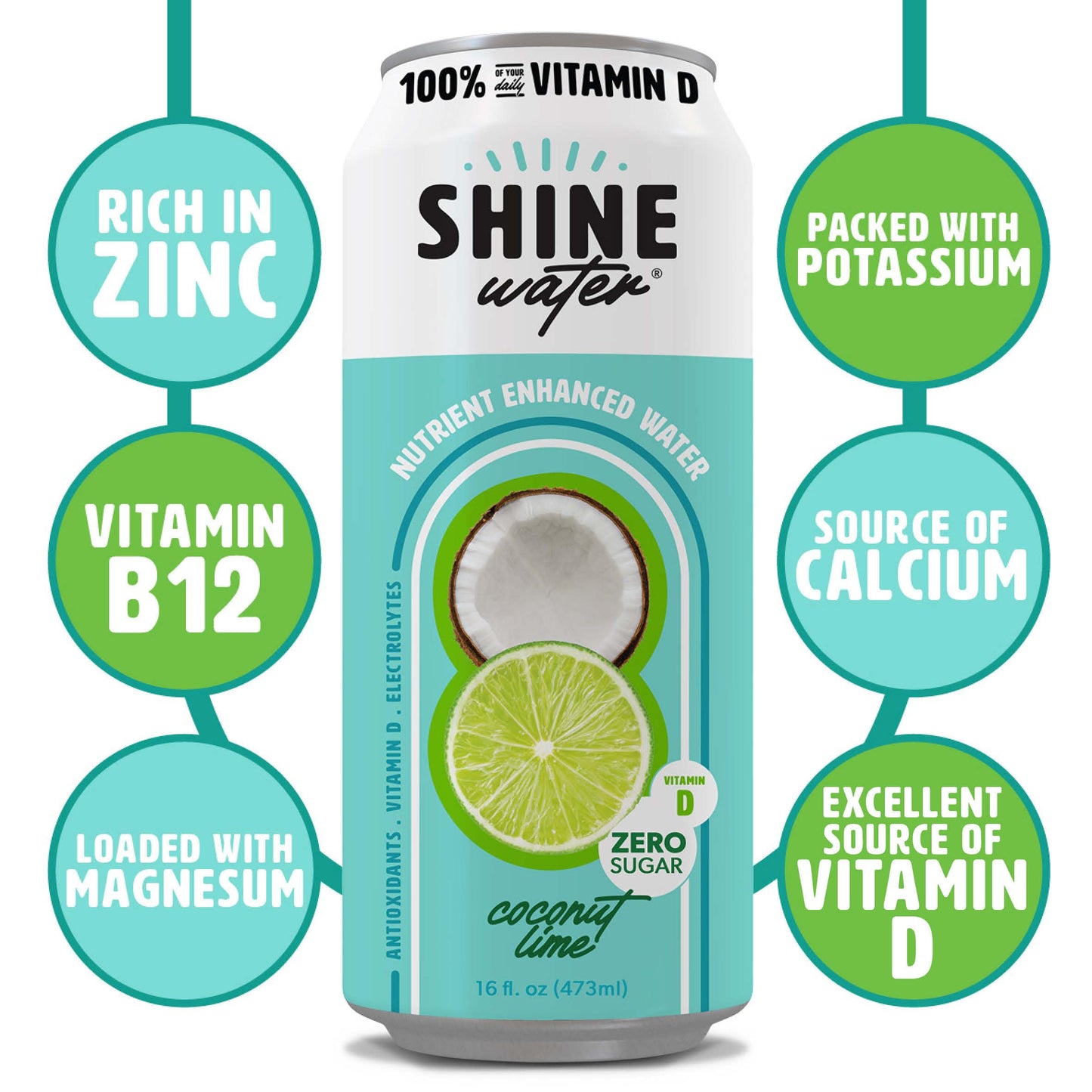 Shinewater Vitamin D Hydration Electrolyte Drink, Coconut Lime 12 Pack, Sugar Free Naturally Flavored Water, Magnesium, Zinc, Vi