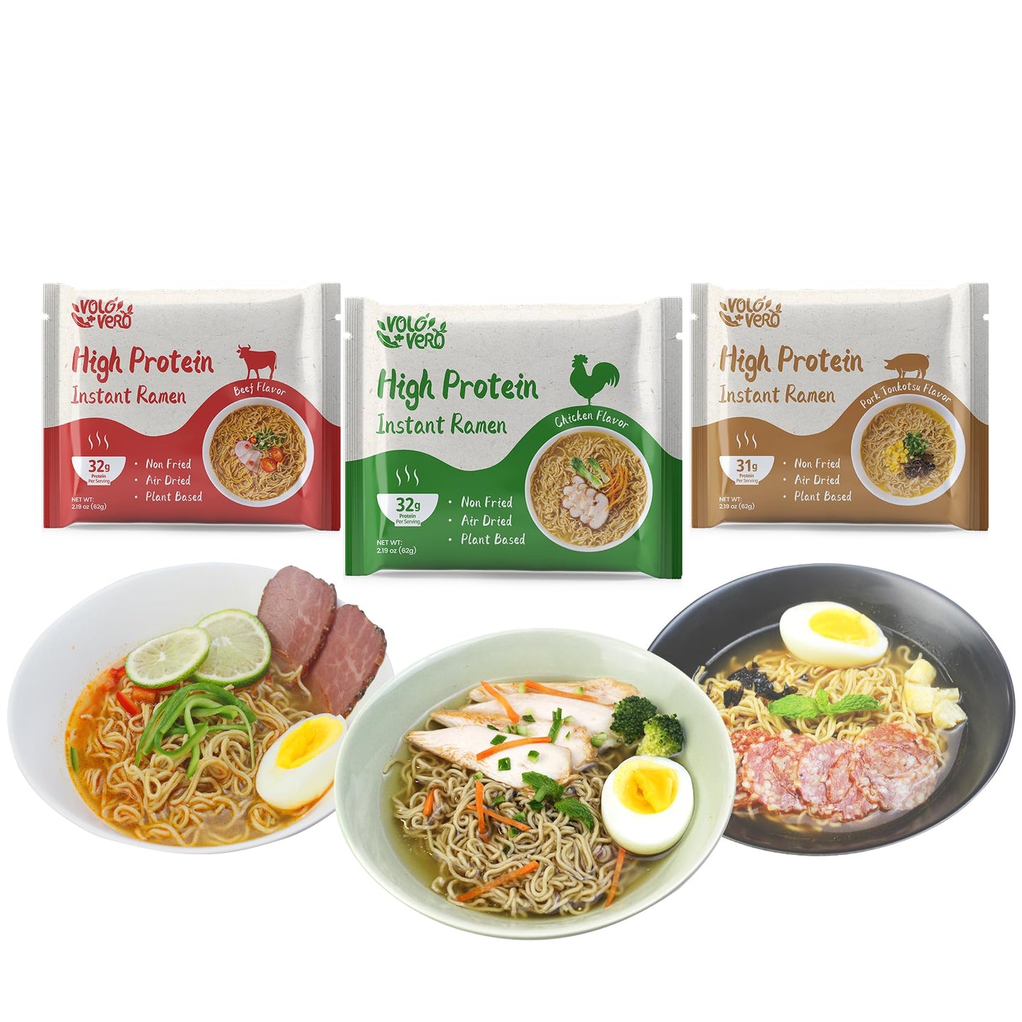 VOLO VERO High Protein (32g) Instant Ramen Variety Packaged Noodles Soup, Chicken,  Spicy  Beef, Pork Tonkotsu, Plant-Based, Air