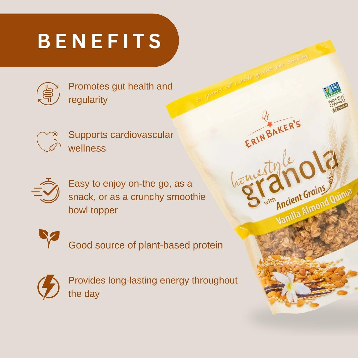 Erin Bakers Granola Cereal, Vanilla Almond Quinoa, 160 oz, Plant-Based Protein, Vegan Friendly, Non-GMO, 1-Pack