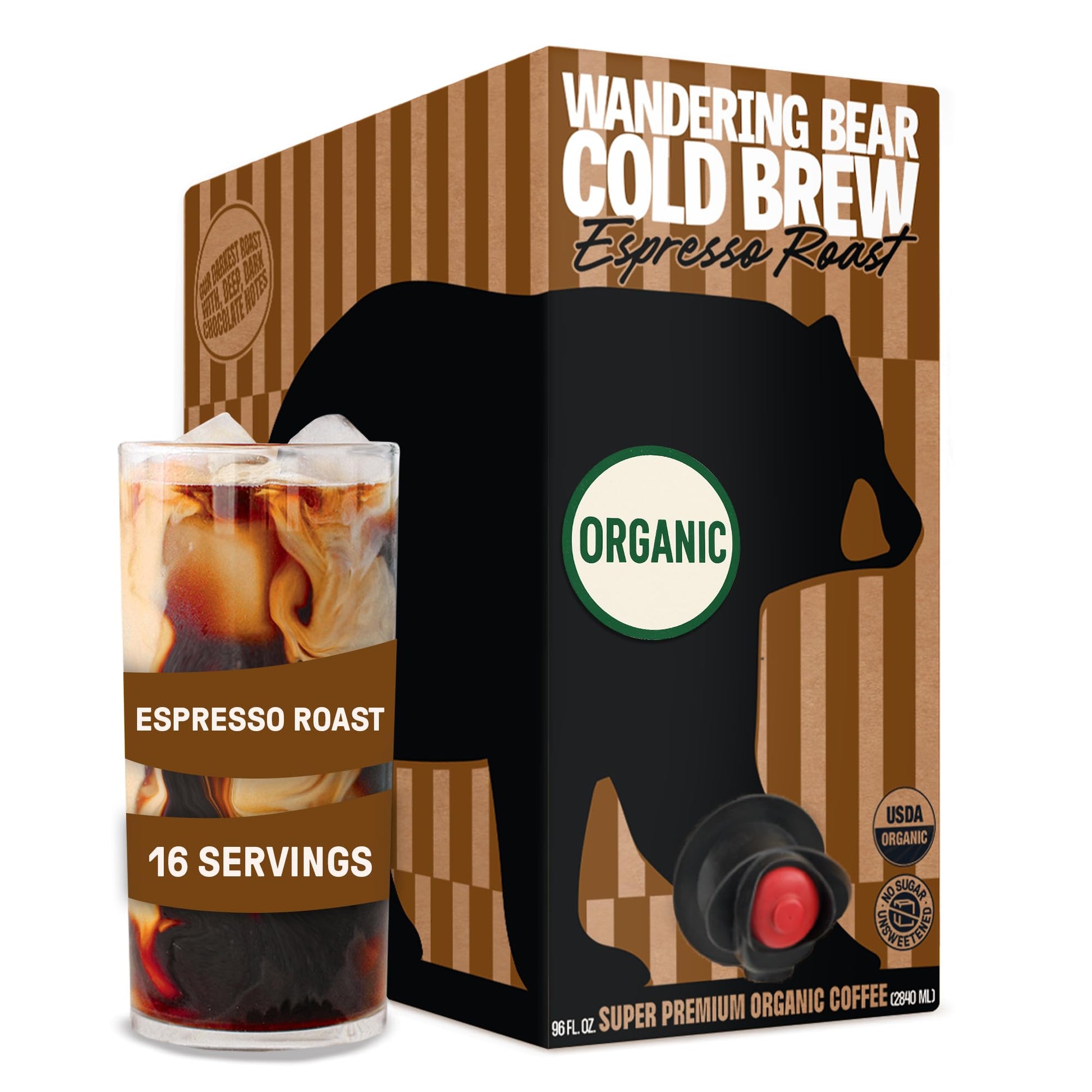Wandering Bear Espresso Roast Organic Cold Brew Coffee On Tap  Iced Coffee Drink - Extra Strong  Smooth  No Sugar Added  Shelf-Stable  Ready To Drink  100% Organic - 16 Servings Of 6Fl.Oz - 96Fl.Oz