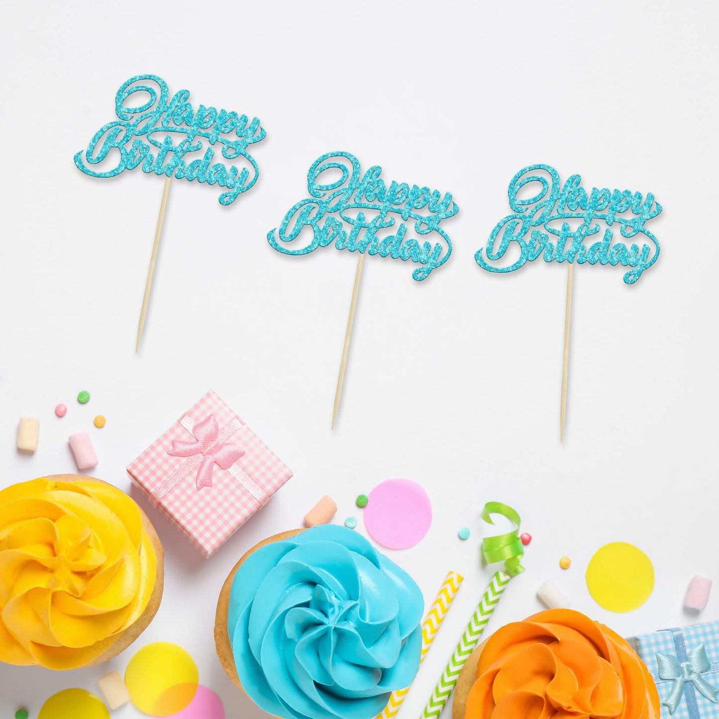 24Pcs Happy Birthday Cupcake Toppers Glitter Birthday Cupcake Picks For Celebrating Baby Shower Kids Birthday Anniversary Party