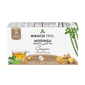 Miracle Tree Organic Moringa Superfood Tea, Ginger, 25 Individually Sealed Bags, Caffeine-Free, Vegan, Gluten-Free, Non-GMO